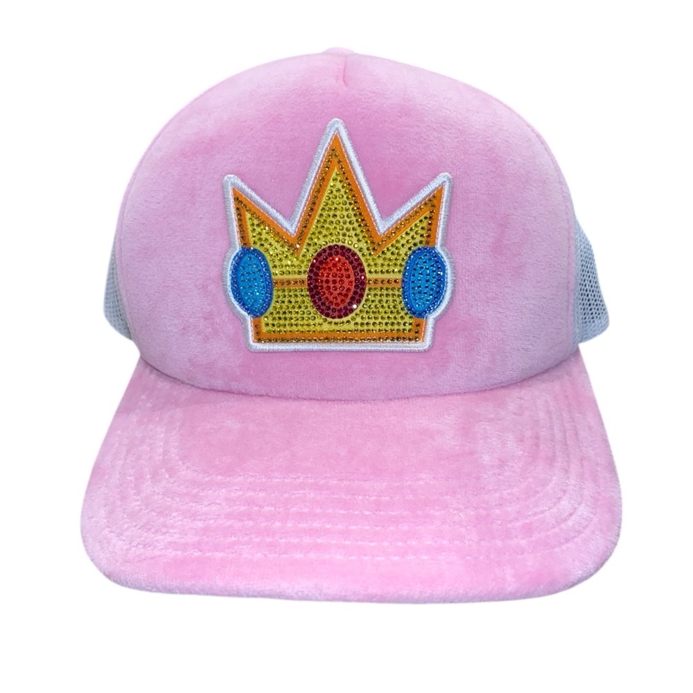 Super Mario Bros Princess Peach Rhinestone Crown Pink Trucker Hat